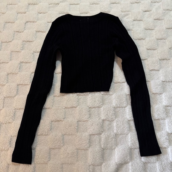 POL Black Tan Fitted Ribbed Long Sleeve Crop Top, Twist Front, Women’s Small NWT - Picture 3 of 5
